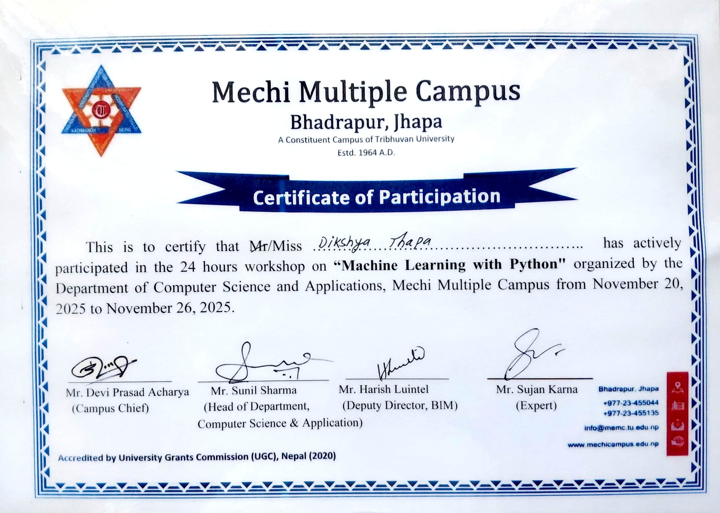 Machine Learning with Python Certificate - Mechi Multiple Campus